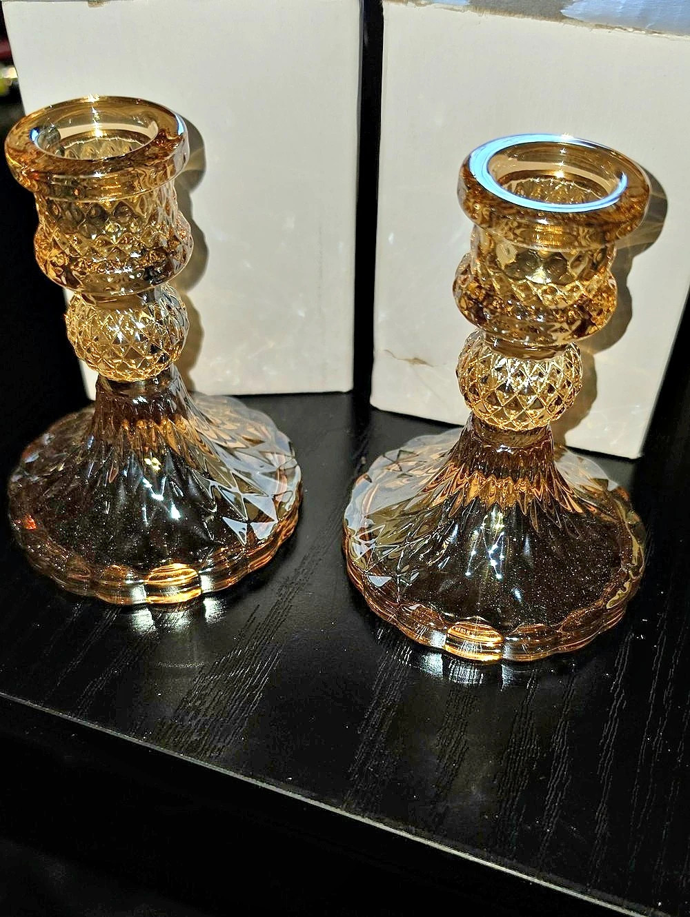 Cut Glass Candle Holders Gold/orange Tone